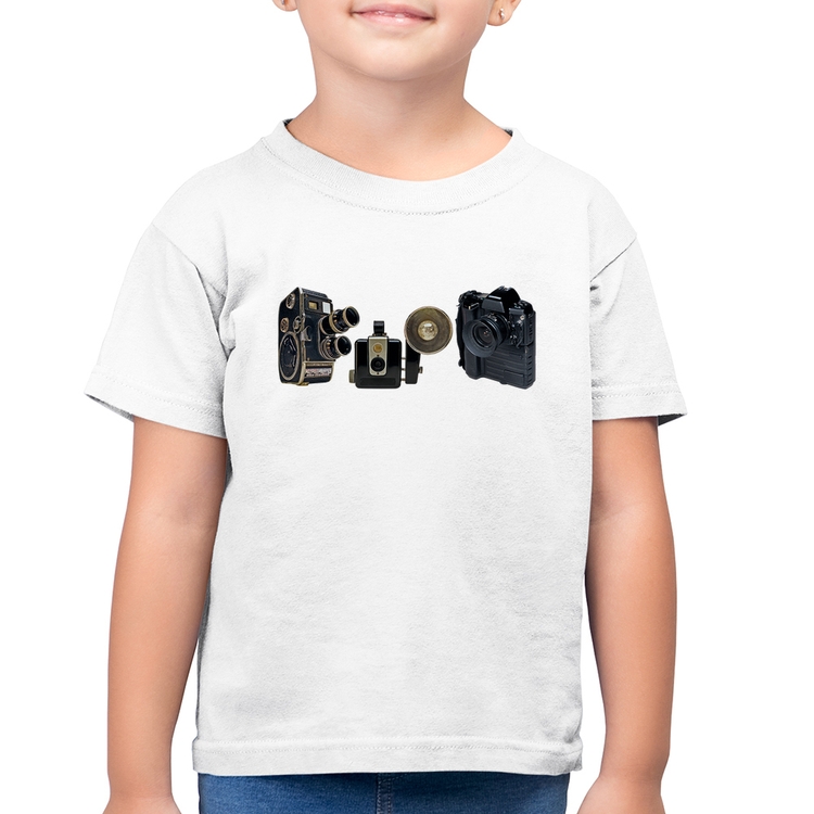 Camiseta Algodão Infantil Câmeras Vintage - Branca