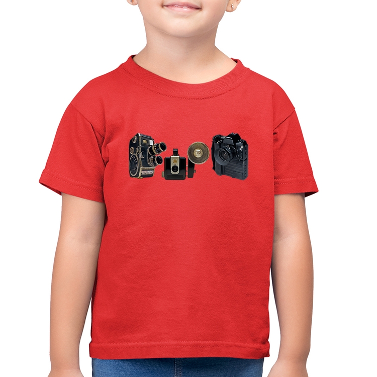 Camiseta Algodão Infantil Câmeras Vintage - Vermelha