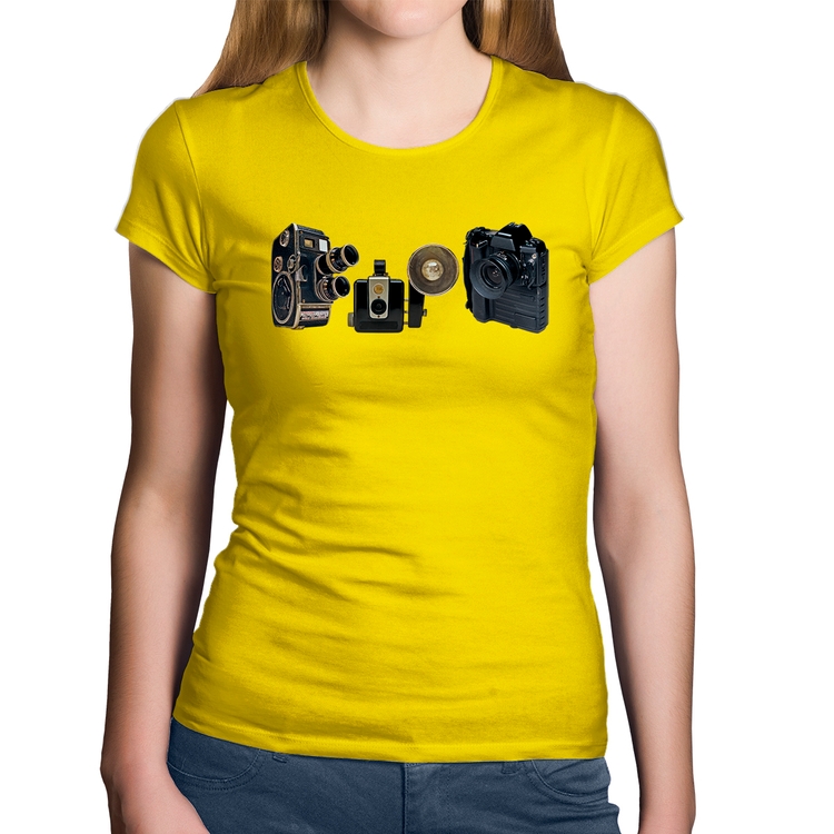 Baby Look Algodão Câmeras Vintage - Amarela