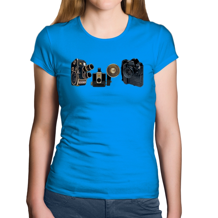 Baby Look Algodão Câmeras Vintage - Azul