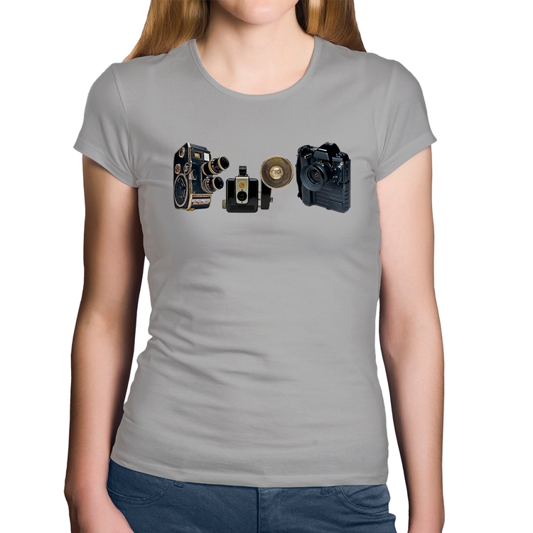 Baby Look Algodão Câmeras Vintage - Cinza