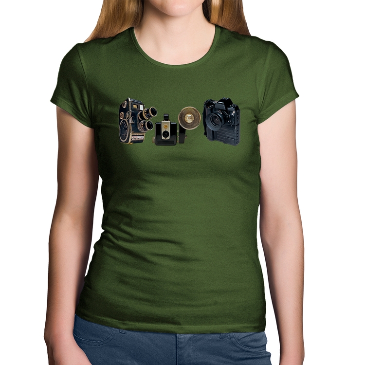 Baby Look Algodão Câmeras Vintage - Musgo