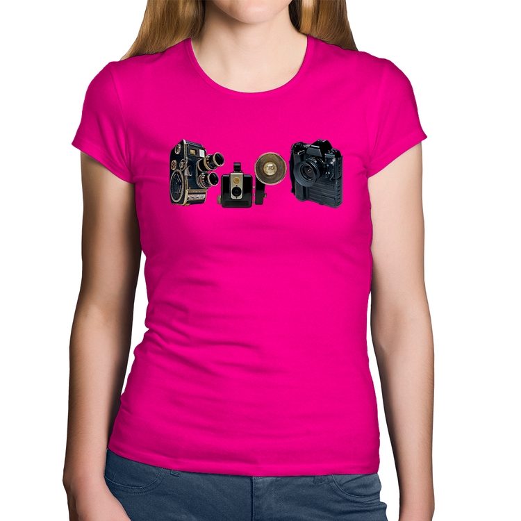 Baby Look Algodão Câmeras Vintage - Rosa