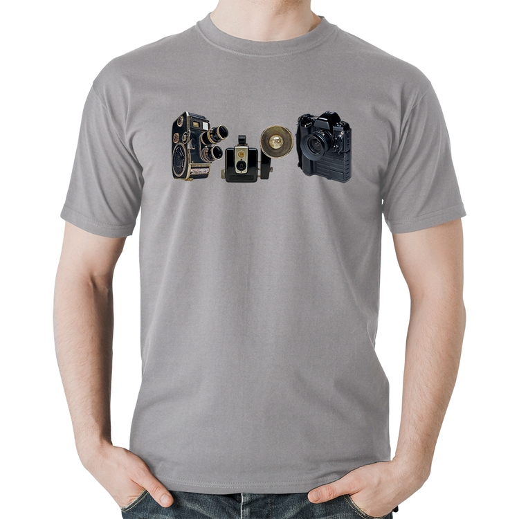 Camiseta Algodão Câmeras Vintage - Cinza