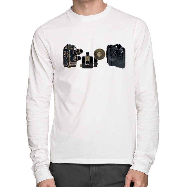 Camiseta Algodão Câmeras Vintage Manga Longa - Branca