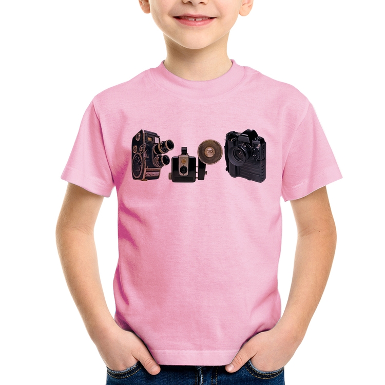 Camiseta Infantil Câmeras Vintage - Rosa Bebê