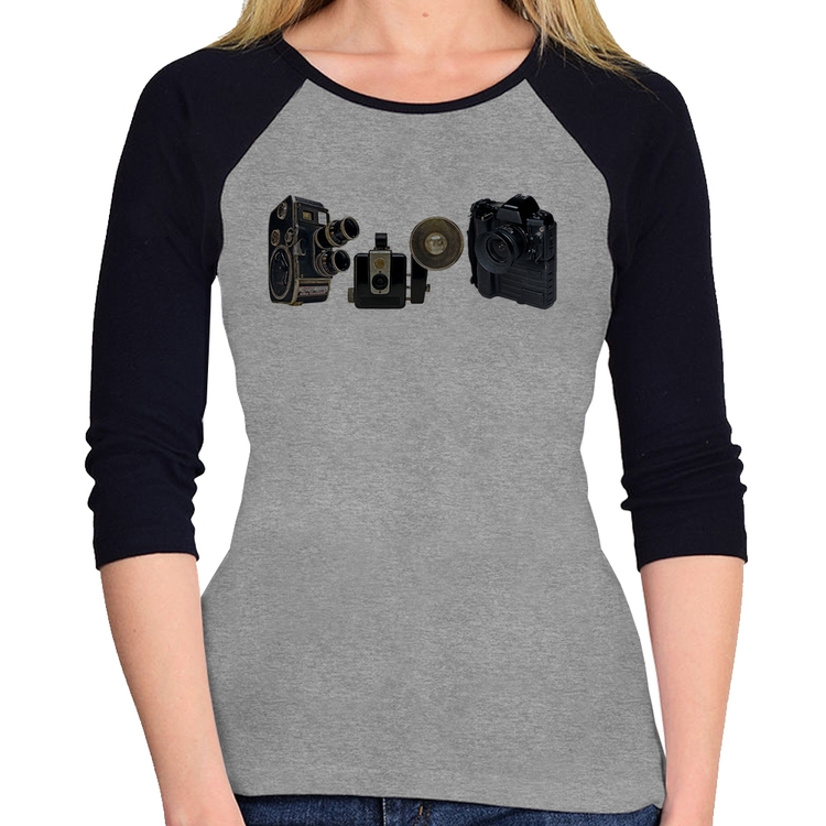 Baby Look Raglan Câmeras Vintage Manga 3/4 - Cinza/Preto