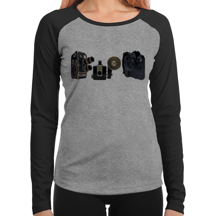 Baby Look Raglan Câmeras Vintage Manga Longa - Cinza/Preto