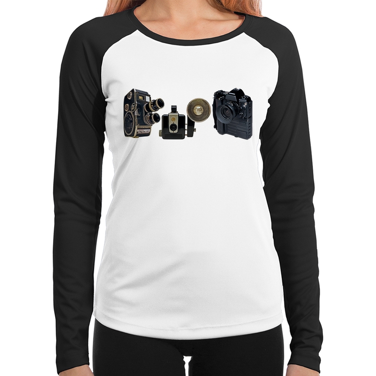 Baby Look Raglan Câmeras Vintage Manga Longa