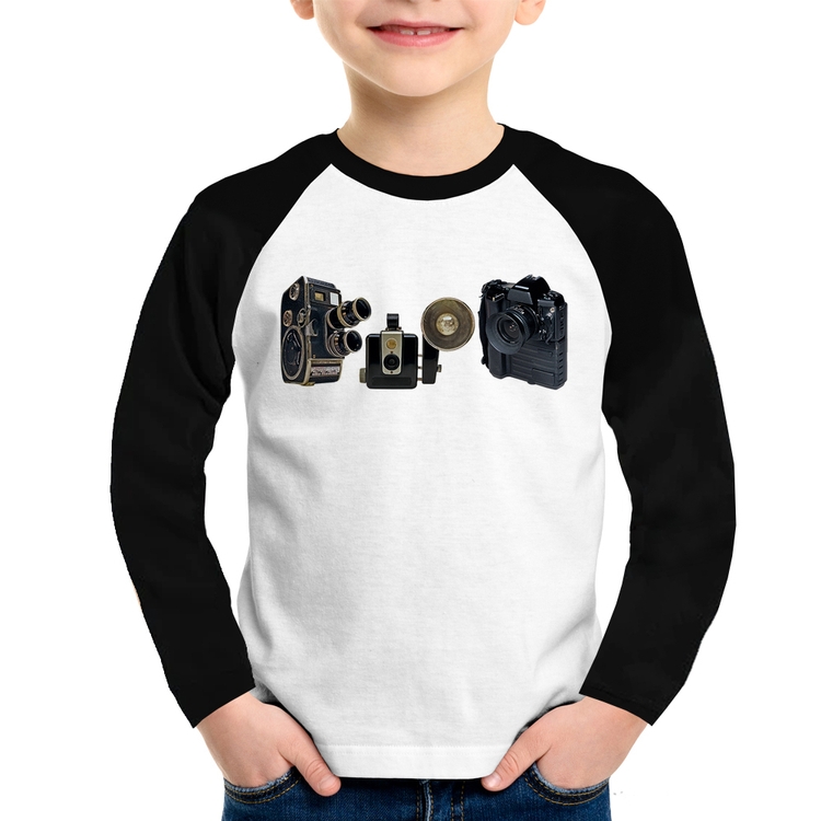 Camiseta Raglan Infantil Câmeras Vintage Manga Longa