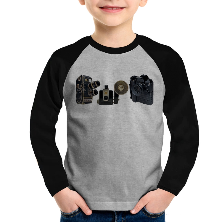 Camiseta Raglan Infantil Câmeras Vintage Manga Longa - Cinza/Preto