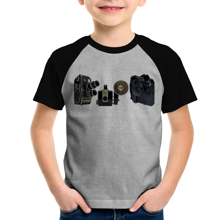 Camiseta Raglan Infantil Câmeras Vintage - Cinza/Preto