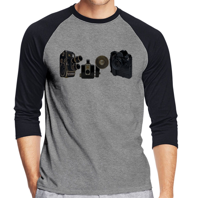 Camiseta Raglan Câmeras Vintage Manga 3/4 - Cinza/Preto