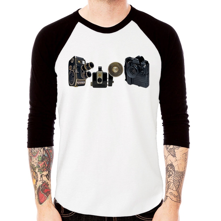 Camiseta Raglan Câmeras Vintage Manga 3/4