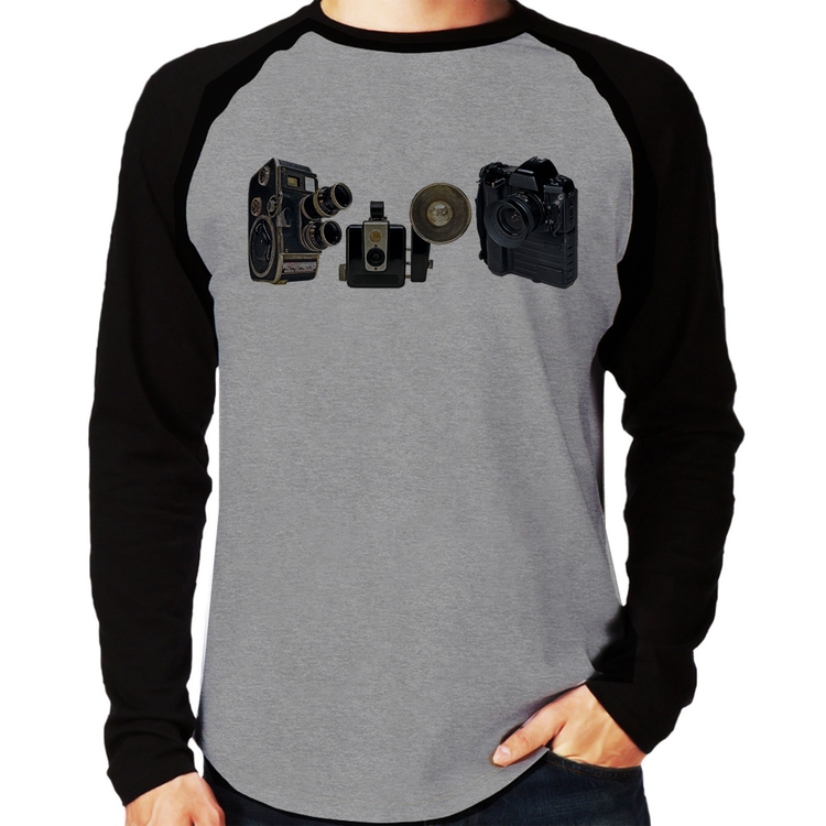 Camiseta Raglan Câmeras Vintage Manga Longa - Cinza/Preto