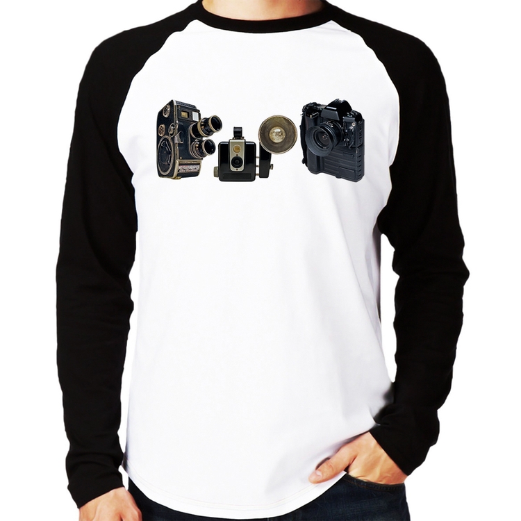 Camiseta Raglan Câmeras Vintage Manga Longa