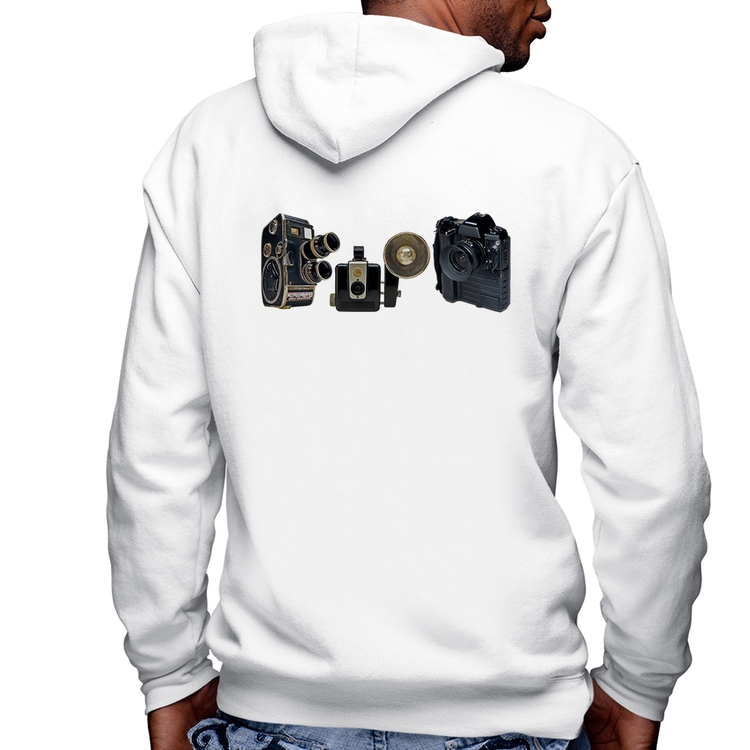 Blusa Moletom Câmeras Vintage Masculina com Capuz e Zíper - Branca