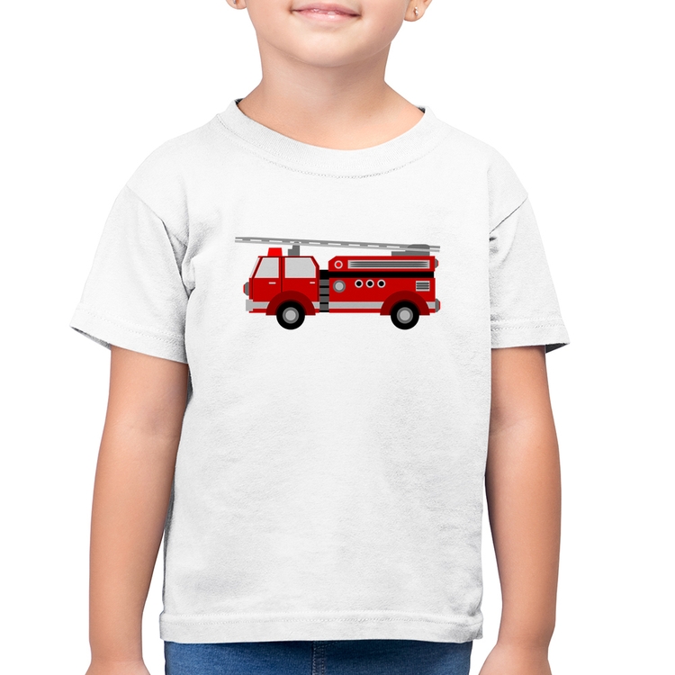Camiseta Algodão Infantil Caminhão de Bombeiro - Branca
