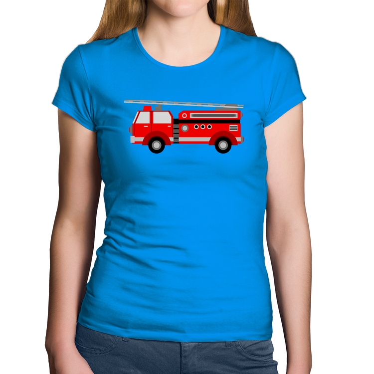 Baby Look Algodão Caminhão de Bombeiro - Azul