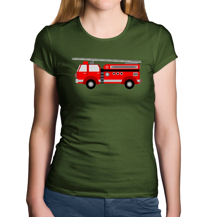 Baby Look Algodão Caminhão de Bombeiro - Musgo