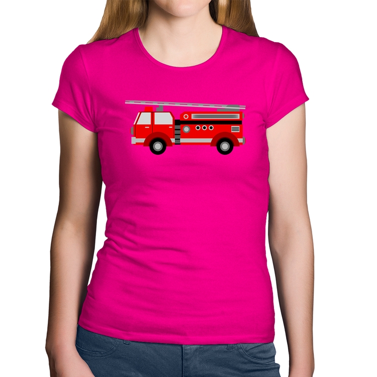 Baby Look Algodão Caminhão de Bombeiro - Rosa