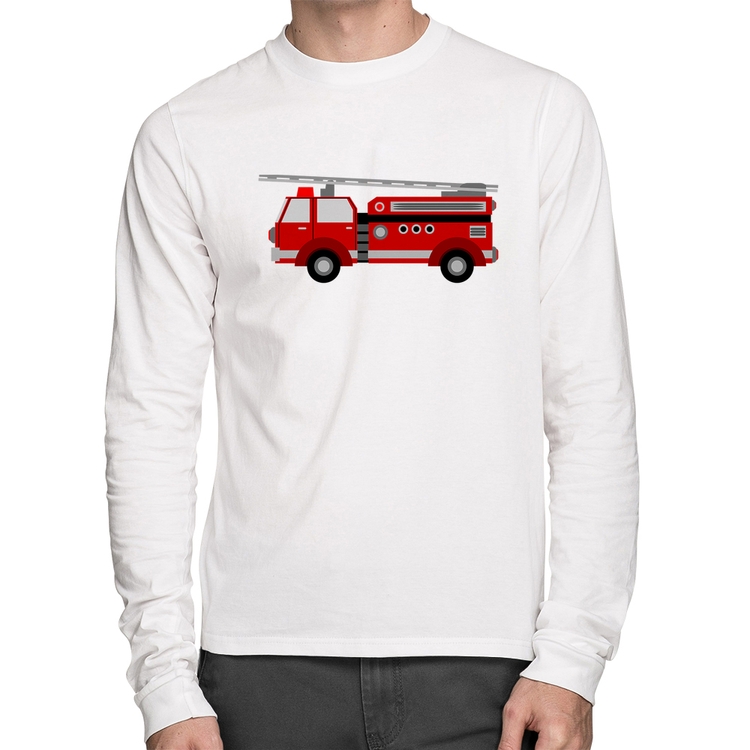 Camiseta Algodão Caminhão de Bombeiro Manga Longa - Branca