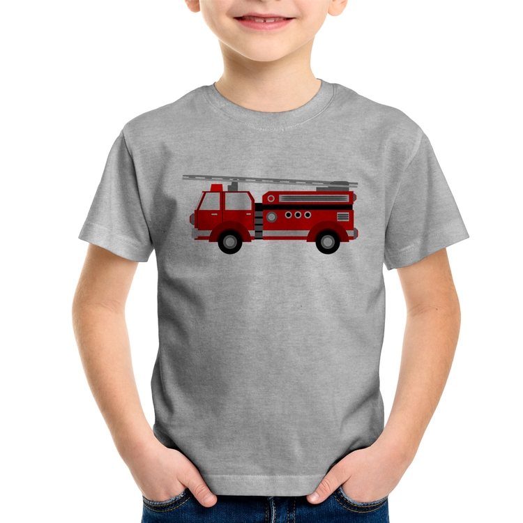 Camiseta Infantil Caminhão de Bombeiro - Cinza