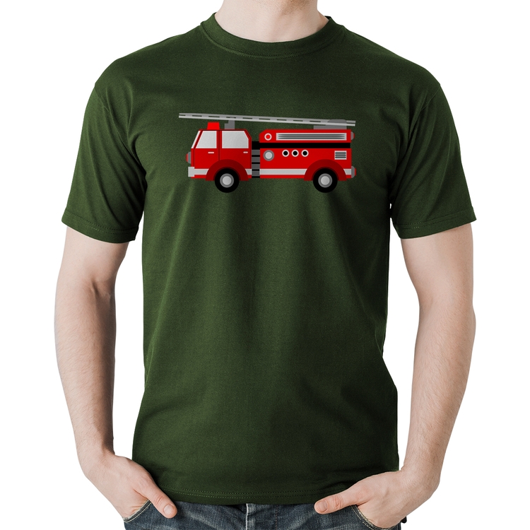 Camiseta Algodão Caminhão de Bombeiro - Musgo
