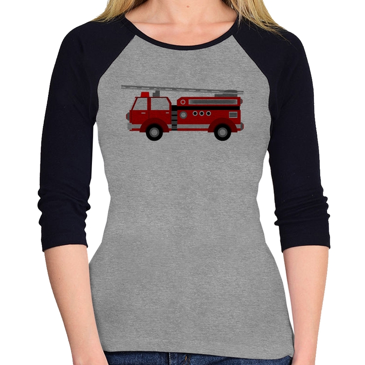 Baby Look Raglan Caminhão de Bombeiro Manga 3/4 - Cinza/Preto