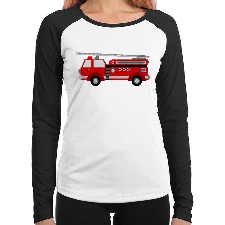 Baby Look Raglan Caminhão de Bombeiro Manga Longa
