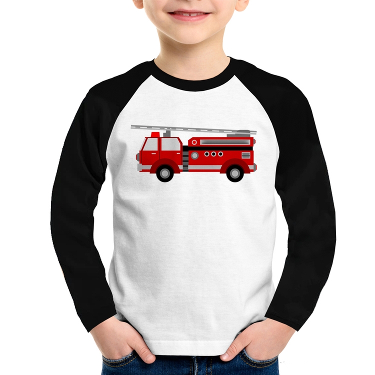 Camiseta Raglan Infantil Caminhão de Bombeiro Manga Longa