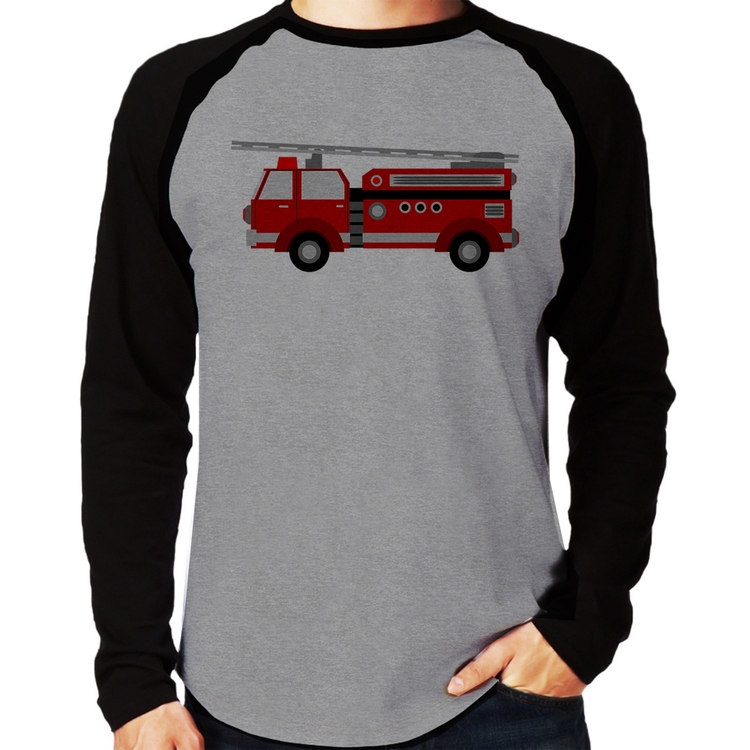 Camiseta Raglan Caminhão de Bombeiro Manga Longa - Cinza/Preto