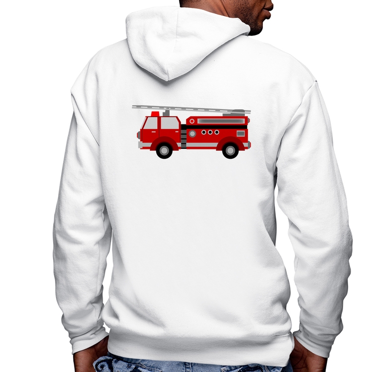 Blusa Moletom Caminhão de Bombeiro Masculina com Capuz e Zíper - Branca