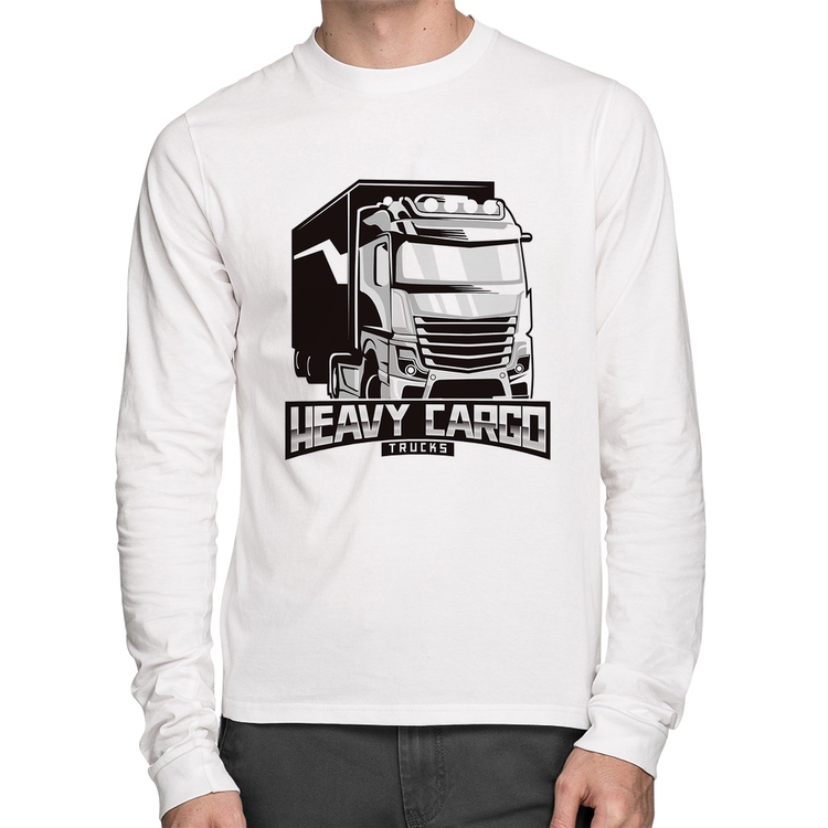 Camiseta Algodão Caminhão Heavy Cargo Caminhoneiro Manga Longa - Branca