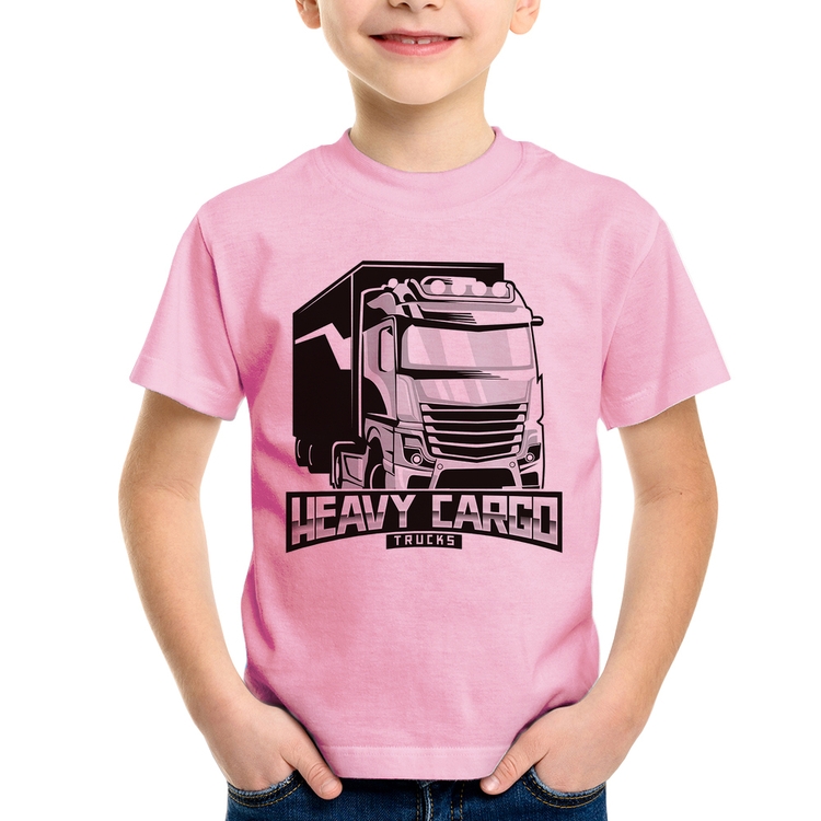 Camiseta Infantil Caminhão Heavy Cargo Caminhoneiro - Rosa Bebê