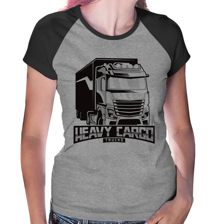 Baby Look Raglan Caminhão Heavy Cargo Caminhoneiro - Cinza/Preto