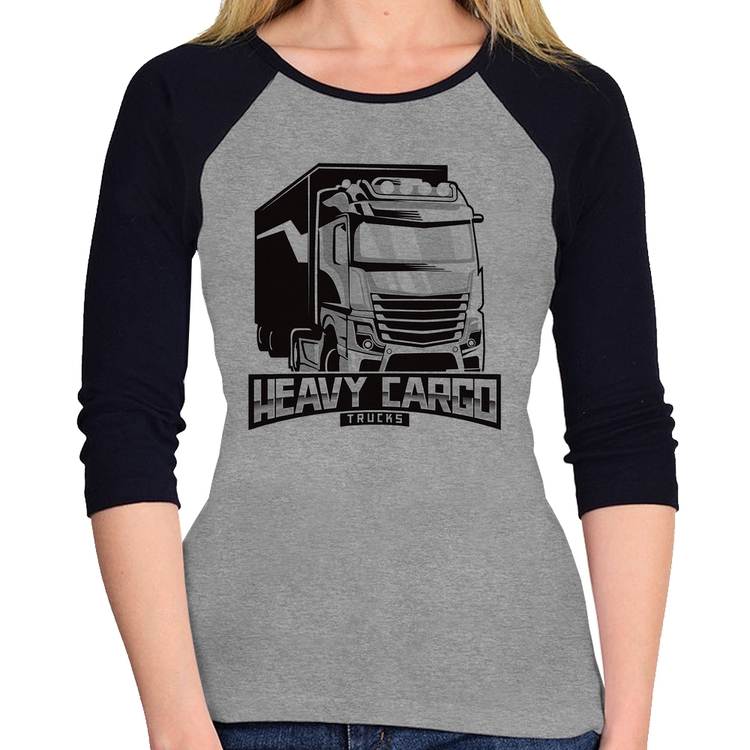 Baby Look Raglan Caminhão Heavy Cargo Caminhoneiro Manga 3/4 - Cinza/Preto