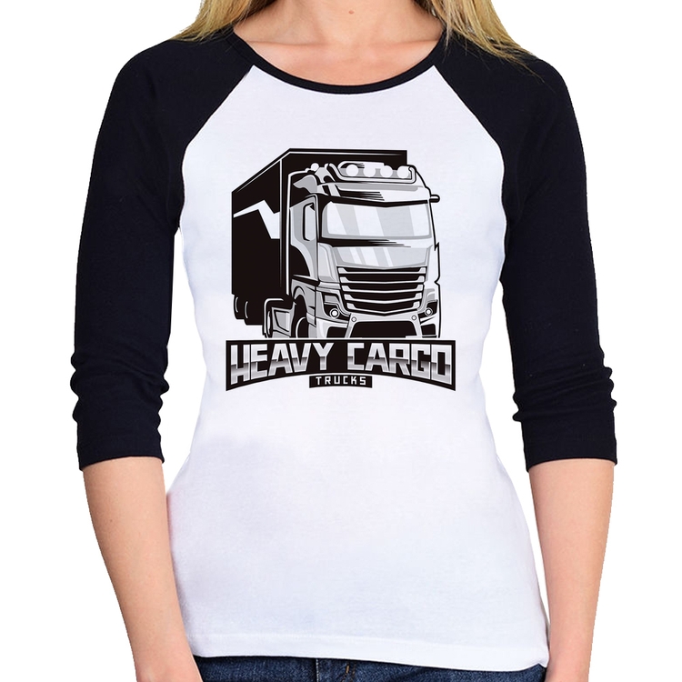 Baby Look Raglan Caminhão Heavy Cargo Caminhoneiro Manga 3/4