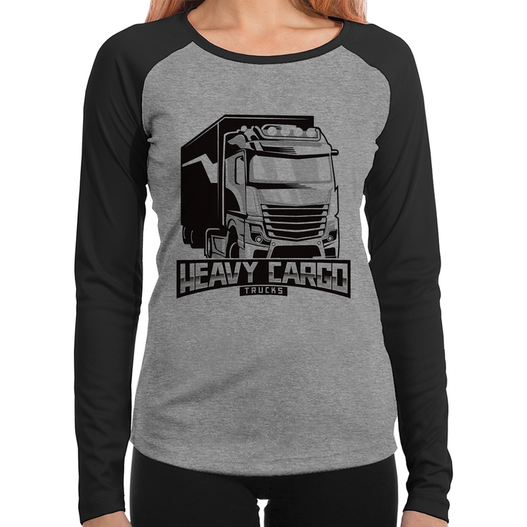 Baby Look Raglan Caminhão Heavy Cargo Caminhoneiro Manga Longa - Cinza/Preto