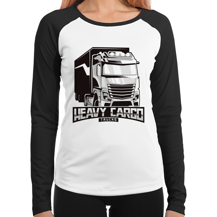 Baby Look Raglan Caminhão Heavy Cargo Caminhoneiro Manga Longa