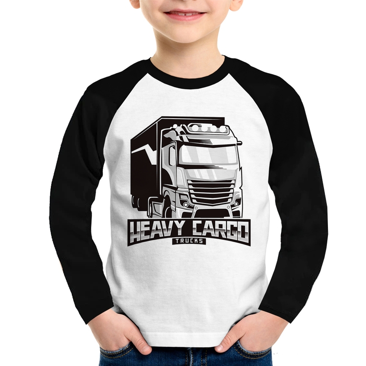 Camiseta Raglan Infantil Caminhão Heavy Cargo Caminhoneiro Manga Longa