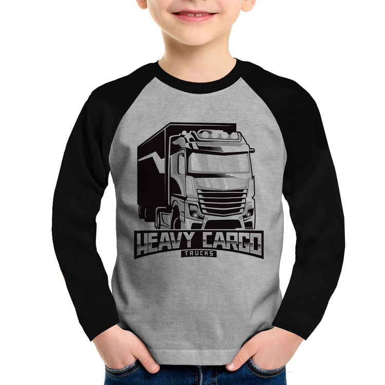Camiseta Raglan Infantil Caminhão Heavy Cargo Caminhoneiro Manga Longa - Cinza/Preto