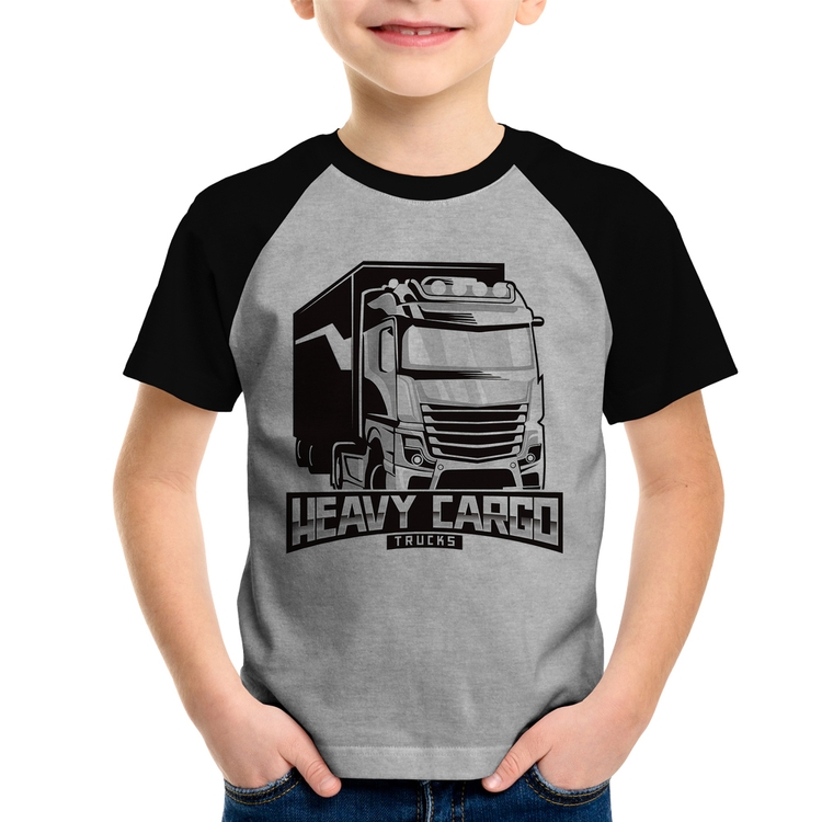 Camiseta Raglan Infantil Caminhão Heavy Cargo Caminhoneiro - Cinza/Preto