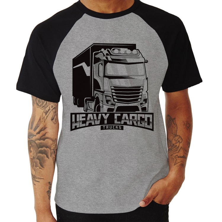 Camiseta Raglan Caminhão Heavy Cargo Caminhoneiro - Cinza/Preto