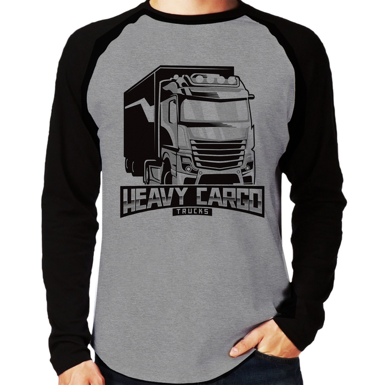 Camiseta Raglan Caminhão Heavy Cargo Caminhoneiro Manga Longa - Cinza/Preto