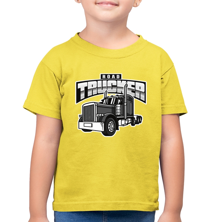 Camiseta Algodão Infantil Caminhão Road Trucker Caminhoneiro - Amarelo Canário
