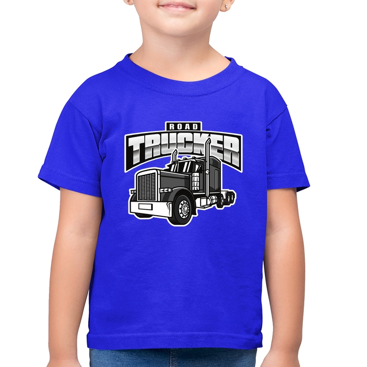 Camiseta Algodão Infantil Caminhão Road Trucker Caminhoneiro - Azul Royal