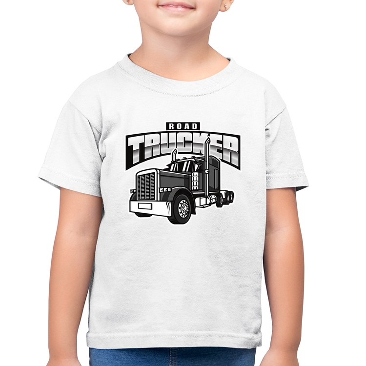 Camiseta Algodão Infantil Caminhão Road Trucker Caminhoneiro - Branca