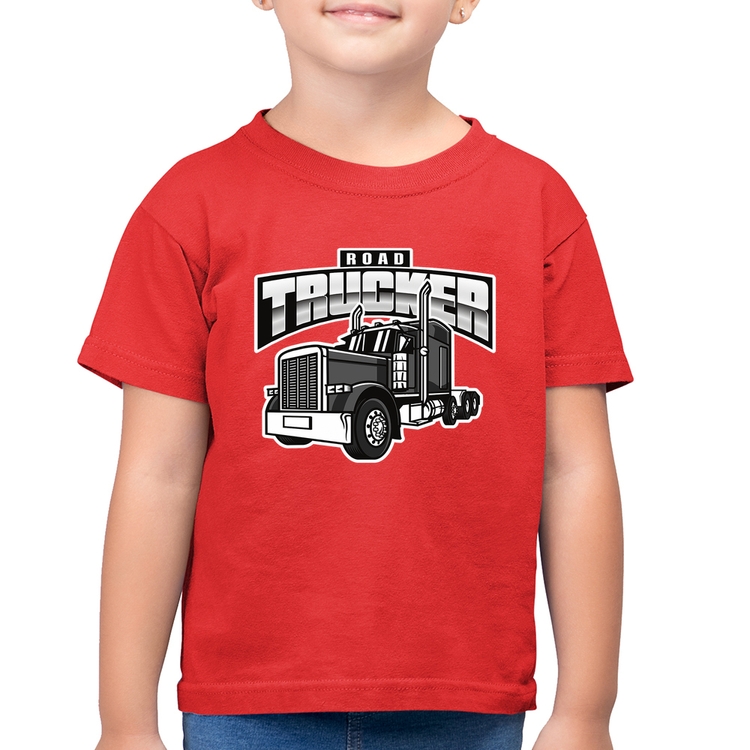 Camiseta Algodão Infantil Caminhão Road Trucker Caminhoneiro - Vermelha