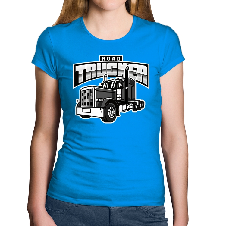 Baby Look Algodão Caminhão Road Trucker Caminhoneiro - Azul